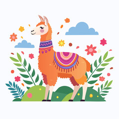 Naklejka premium Cute Orange Llama with Colorful Blanket and Flowers
