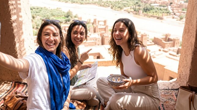 Tr&ecirc;s jovens amigas rindo e tirando selfie em Ait-Ben-Haddou, Marrocos