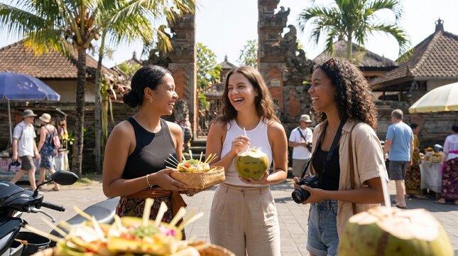 Tr&ecirc;s jovens mulheres felizes bebendo &aacute;gua de coco em Bali, Indon&eacute;sia