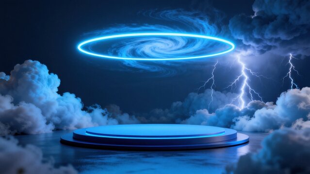 Blue neon ring above circular platform