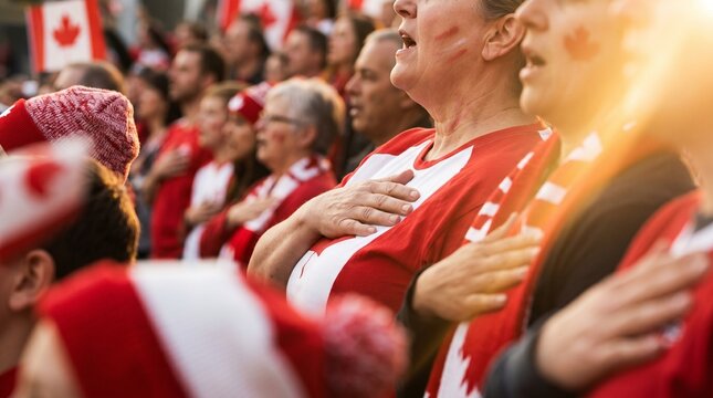 Torcedores canadenses em eventos esportivos, com rostos pintados e a bandeira do Canad&aacute;
