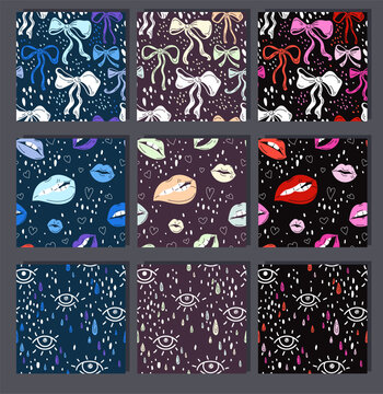 A seamless pattern with hand-drawn whimsical flat ribbon bows, stylish lips, and eyes. Romantic and flirty style. Vector repeating background.
