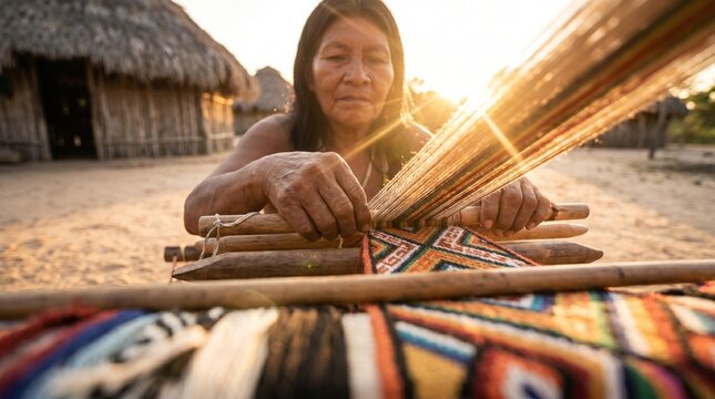 Mulher ind&iacute;gena tecendo artesanato colorido em tear tradicional ao p&ocirc;r do sol