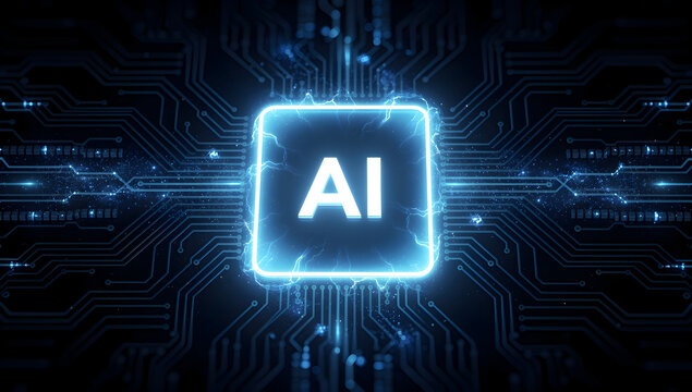 Digital circuit board with illuminated AI processor, machine learning innovation, smart computing and future technology concept for artificial intelligence applications