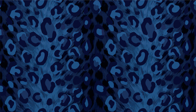 Luxury leopard spots seamless pattern with realistic blue fur texture. Modern abstract animal print background for winter fashion textile, wallpaper, wrapping paper, packaging, and vector design.