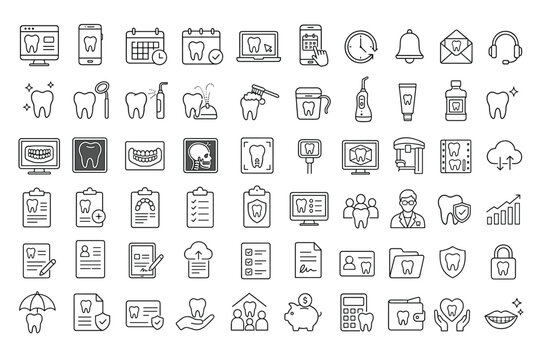 Dental care and oral hygiene line icons set. Vector illustration of dentistry, stomatology, tooth health, and medical treatment symbols for web and mobile apps