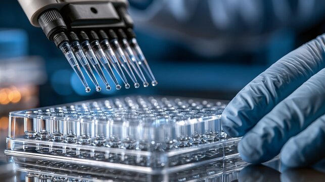 Multichannel pipette dispensing clear liquid into a plastic well plate for scientific medical laboratory research testing