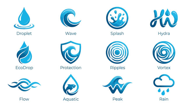 Vector graphics of various water icons and logos are displayed in a digital illustration
