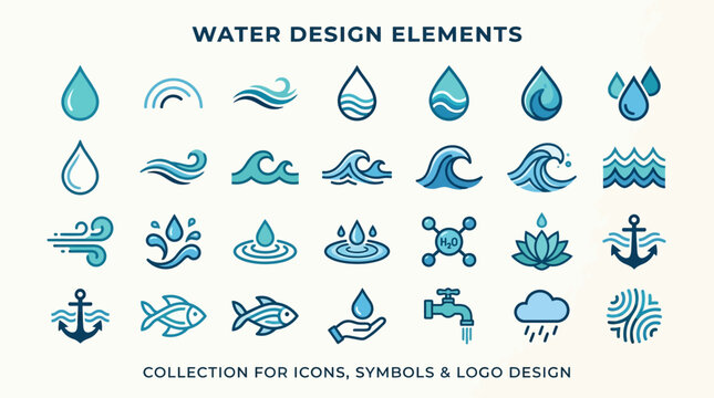 A graphic designer creates various vector icons and symbols related to water and marine life for use in logo and brand identity design projects.