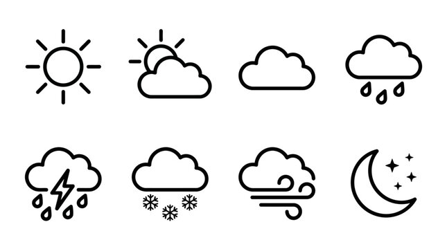 Weather icons depict various cloud and sky conditions including sun, rain, snow, and wind in a simple graphic style.