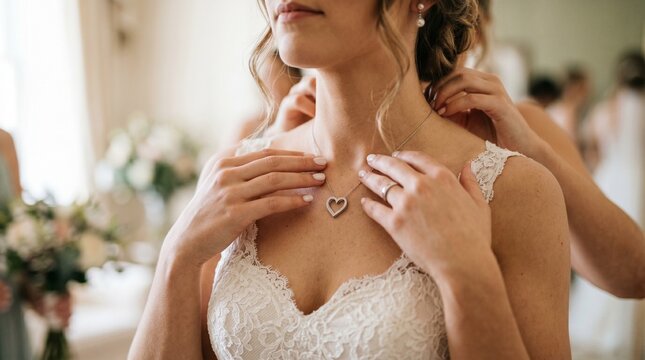 Noiva colocando colar em formato de cora&ccedil;&atilde;o com diamantes em seu dia de casamento