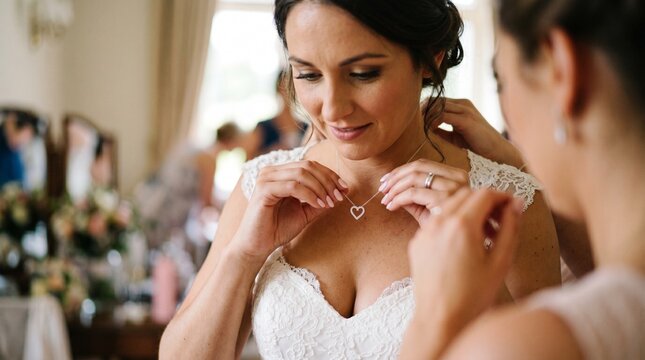 Noiva colocando um colar em forma de cora&ccedil;&atilde;o antes do casamento