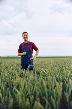 Portrait of happy agronomist in wheat field looking at camera.