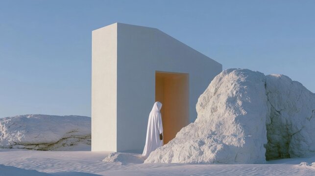 Person wearing a white robe standing in front of a white cube-shaped structure in the middle of a desert-like landscape.
