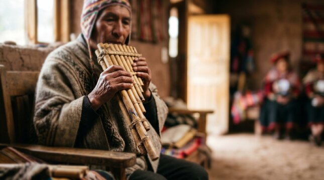 Homem ind&iacute;gena tocando flauta de p&atilde; em ambiente tradicional