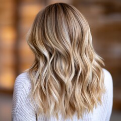 Naklejka premium Woman seen from behind showing newly styled blonde balayage with warm and cool highlights and soft, wavy texture for a fresh, salon-finished look