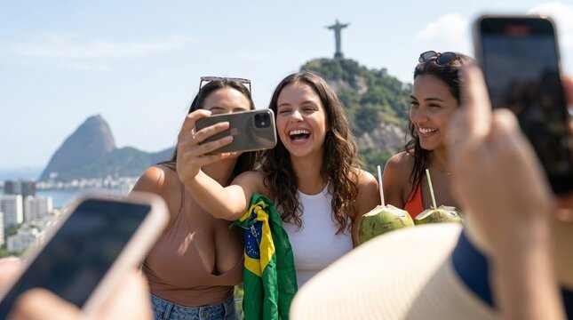 Tr&ecirc;s amigas brasileiras tirando selfie com bandeira do Brasil em paisagem ic&ocirc;nica do Rio de Janeiro.