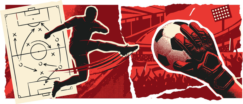 Dynamic soccer action collage, football player silhouette kicking ball, goalkeeper making save, tactical game plan diagram on red background