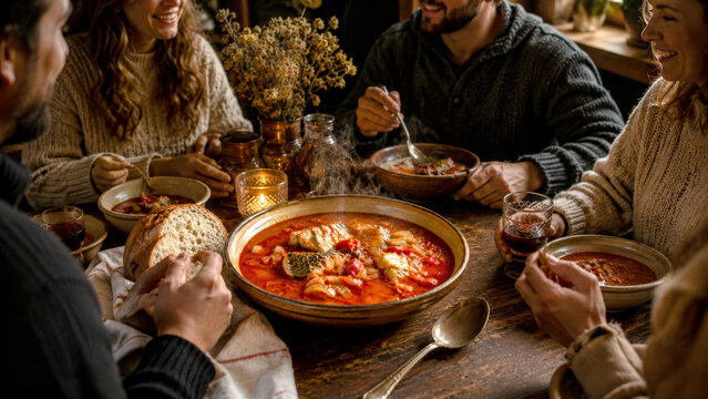 Ungarischer Weihnachtstisch &ndash; Festliches Essen mit Hal&aacute;szl&eacute;, gef&uuml;lltem Kohl, Beigli, Brot und Freunden bei Kerzenschein.