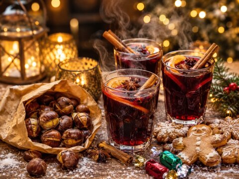 Ungarische Weihnachtsstimmung &ndash; Hei&szlig;er Punsch mit Zimt, Maronen, Lebkuchen und Kerzen auf festlichem Holztisch.