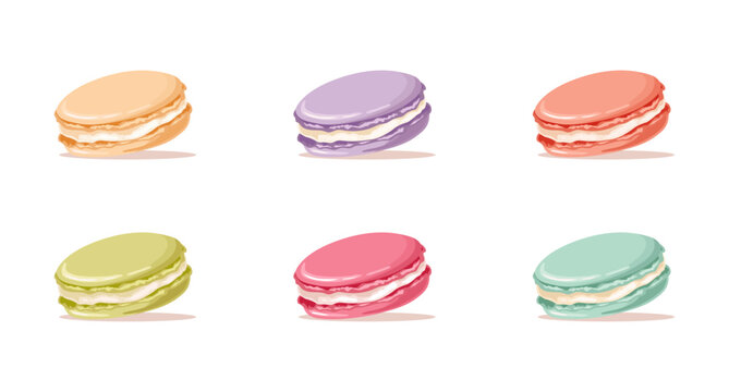 Hand drawn vector set of colorful macarons. Dessert collection in flat cartoon stylization. Cute sweets
