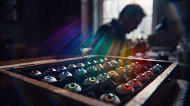 Ocularist creating prosthetic glass eyes in workshop