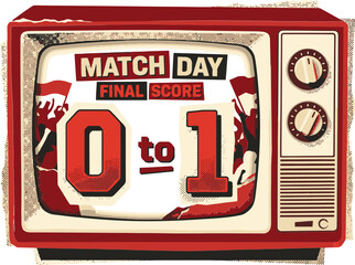 Retro television showing match day final score 0 to 1, vintage sports broadcast on old red TV set, nostalgic football game results vector illustration © 成 sнıηяα тєηsєı ツ