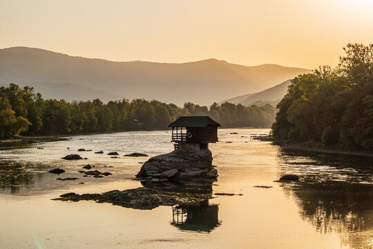 Small house on a stone on Drina river, near the Bajina Basta in Serbia