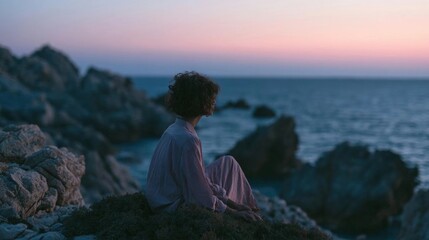 Fototapeta premium Person sitting on a rocky cliff overlooking the ocean. the person is wearing a white shirt and has curly hair.