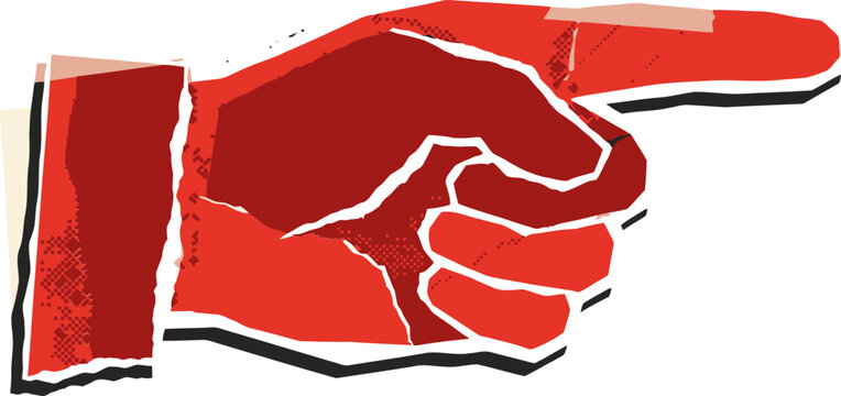 Vintage red pointing hand vector illustration, retro woodcut style index finger sign, distressed manicule gesture for directional navigation
