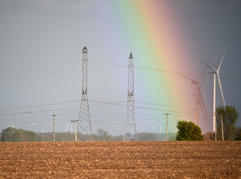 Rainbow, Windmill, and Power Lines