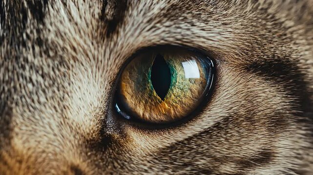 Extreme Macro Close-up of Tabby Cat's Eye with Golden Green Dilating Pupil and Detailed Fur