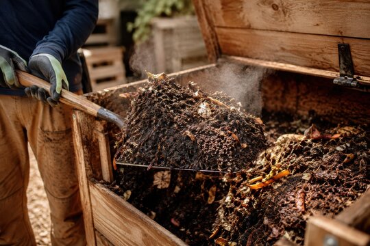 Person turning steaming compost in wooden garden bin with shovel for organic waste recycling