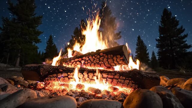 Campfire burning at night with glowing logs and dancing flames under a starry sky