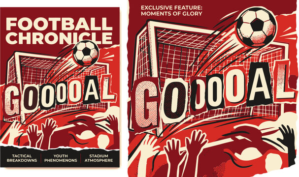 Retro football chronicle magazine cover vector, vintage soccer goal poster with ball and cheering fans, red and white sports tournament illustration