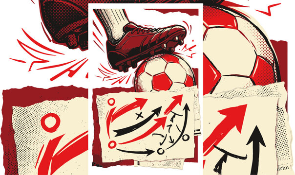 Vintage soccer strategy illustration, retro football player foot on ball, red and black sports tactic board with arrows, athletic competition vector
