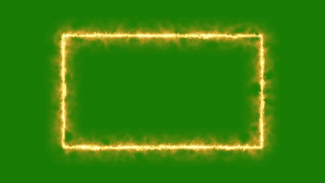 Burning Fire Frame rectangle Border with Realistic Flames on green Background. Perfect for cinematic intros, gaming overlays, video transitions, title reveals, VFX compositing graphics.