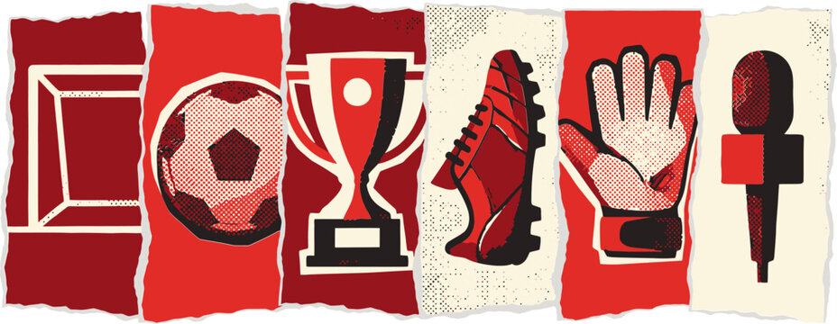 Vintage soccer icon set with red and cream colors. Retro football equipment collection including ball, trophy, and cleats. Flat vector sports illustrations.