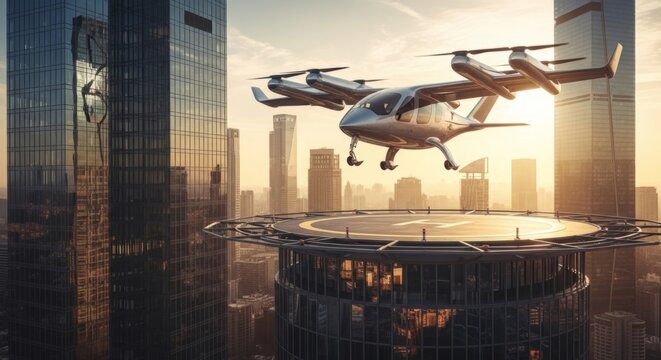 Silver eVTOL aircraft lifting off from a skyscraper helipad at golden hour, symbolizing future urban mobility and advanced transportation.