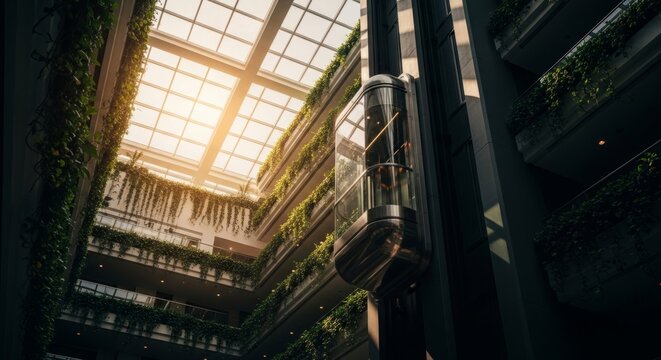Glass elevator ascending through a sunlit atrium with cascading greenery and multiple balconies