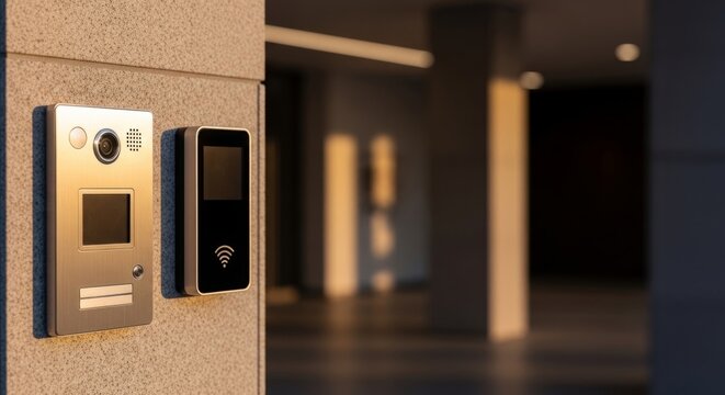 Modern outdoor video intercom and RFID card reader on building exterior wall, golden hour light