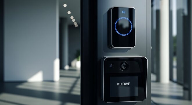 Modern access control panel with RFID reader and camera in a bright office lobby, offering secure entry and contemporary design