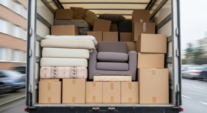 Moving truck interior packed with furniture, mattresses, and boxes symbolizing relocation and logistics