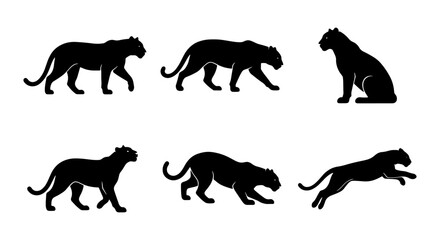 Black Panther Silhouette Set: Dynamic Poses Vector Collection, Wild Animal Icons for Graphic Design © Mahfuz