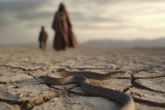 Close-up of dark desert scorpion on cracked earth, with Hagar and her son walking in distant, barren desert background.