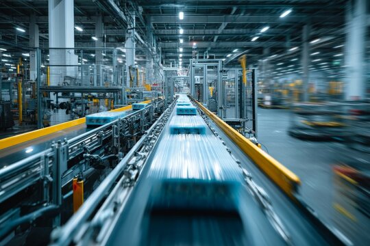 Cinematic documentary view of modern factory production line, conveyor belt with products, automated machinery, clean industrial environment.