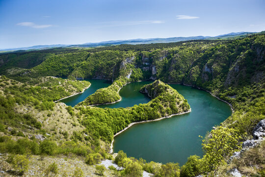 Meanders of the Uvac River in Serbia. Uvac River meandering through the mountains.