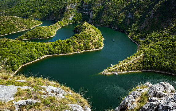 Meanders of the Uvac River in Serbia. Uvac River meandering through the mountains.