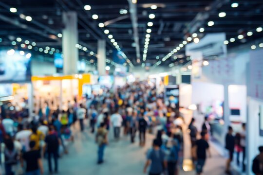 Blurred crowd walking through a busy trade fair exhibition hall with booths and displays, representing international business convention, product showcases, networking, and dynamic event atmosphere.