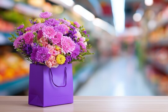 Bright flower bouquet arranged in a purple shopping bag, set against a softly blurred supermarket aisle, representing fresh purchases, grocery shopping, and cheerful everyday life.